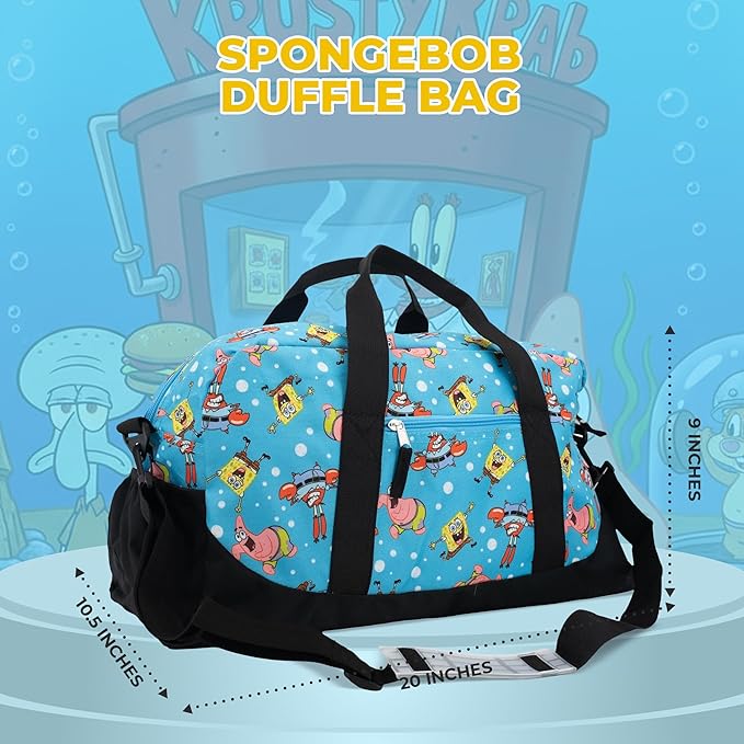 SpongeBob Duffle Bag, 16 inch Travel Sleepover Weekender Bag for Girls & Boys, Blue