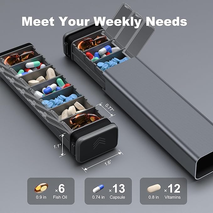 7 Day Weekly Metal Pill Organizer Travel, Kursoaya Premium Aluminum Daily Pill Box, Cute Portable Pill Case, Large Capacity Pill Holder for Supplements, Pills, Vitamins, Medicine (Steel Grey)