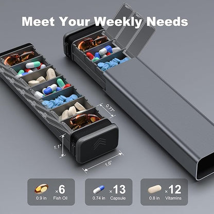 7 Day Weekly Metal Pill Organizer Travel, Kursoaya Premium Aluminum Daily Pill Box, Cute Portable Pill Case, Large Capacity Pill Holder for Supplements, Pills, Vitamins, Medicine (Steel Grey)