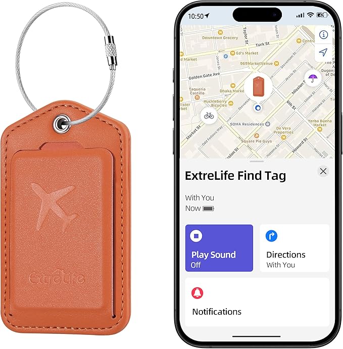 Luggage Tags, Works with Apple Find My, Smart Luggage Tag for Suitcases, Leather Bag Tag for Travel, Suitcase Tag with Privacy Flap, Anti-Lost Luggage Tracker, Travel Essentials, Rechargeable, Orange