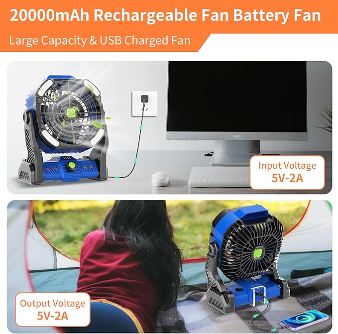 20000mAh Battery Powered Fan Rechargeable,Portable Fan for Travel Battery Operated with LED Lantern,270°Rotation,USB Personal Fans Camping Essentials Gear Tent Cordless Battery Fans Portable X26 Blue