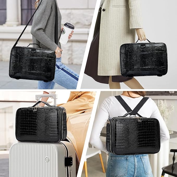 gzcz Large Capacity Travel Makeup Case Organizer,Professional Cosmetic Bags for Women,Waterproof PU Leather Makeup Bag with Adjustable Dividers and Shoulder Strap for Brushes and Jewelry