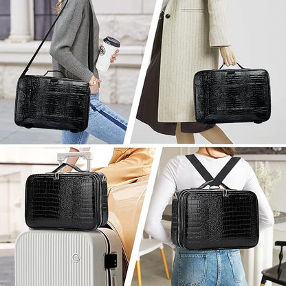 gzcz Large Capacity Travel Makeup Case Organizer,Professional Cosmetic Bags for Women,Waterproof PU Leather Makeup Bag with Adjustable Dividers and Shoulder Strap for Brushes and Jewelry