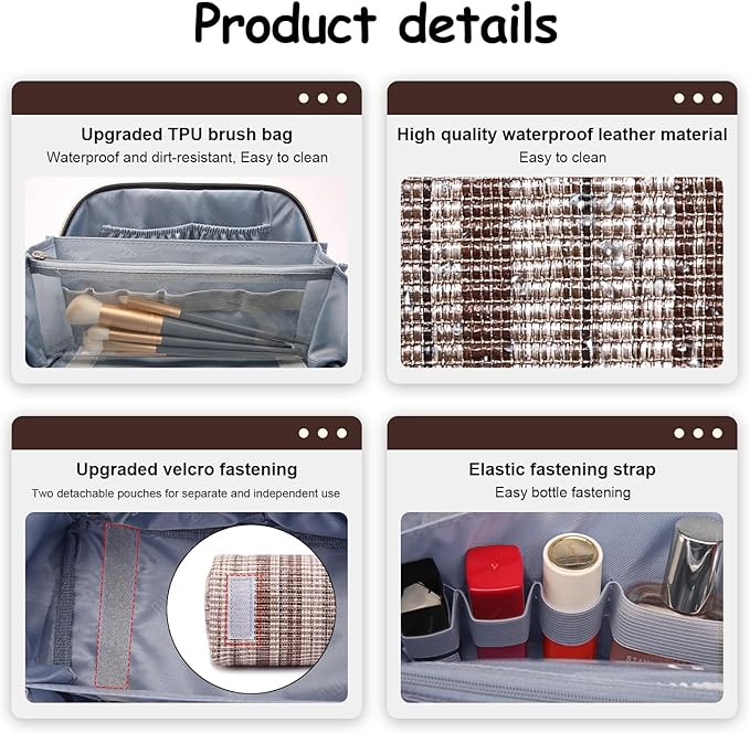 BOYATU Travel Makeup Bag for Women: Large Capacity Open Flat Make up Bag Set of 3 - Vegan Leather Cosmetic Bag with Compartments - Waterproof Toiletry Bag with Handle & Divider(I-5-Brown)