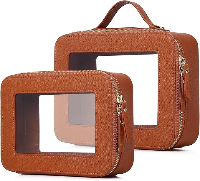 Pinkmik Clear Makeup Bag for Women Waterproof Travel Cosmetics and Toiletries Case Portable Makeup Oaganizer Bag Clear Car Bag with Zipper (X/Brown, M+L)