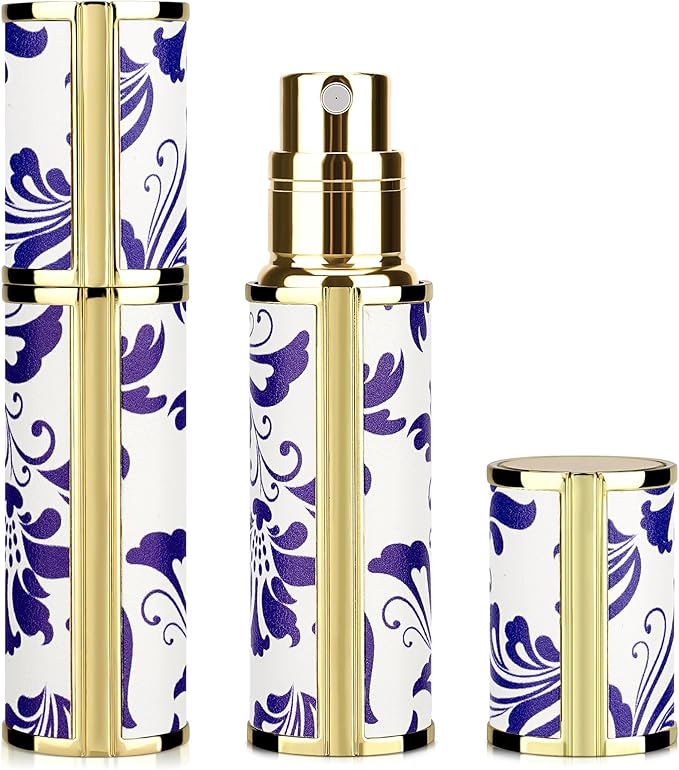 LUEXBOX Portable Perfume Bottle for Travel, Mini Refillable Perfume Dispenser, 5ml Faux Leather Leak Proof Perfume Atomizers, Blue and White Bottles Sprayer for Pocket Perfume (Blue flower)