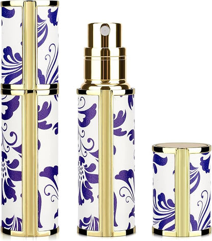 LUEXBOX Portable Perfume Bottle for Travel, Mini Refillable Perfume Dispenser, 5ml Faux Leather Leak Proof Perfume Atomizers, Blue and White Bottles Sprayer for Pocket Perfume (Blue flower)