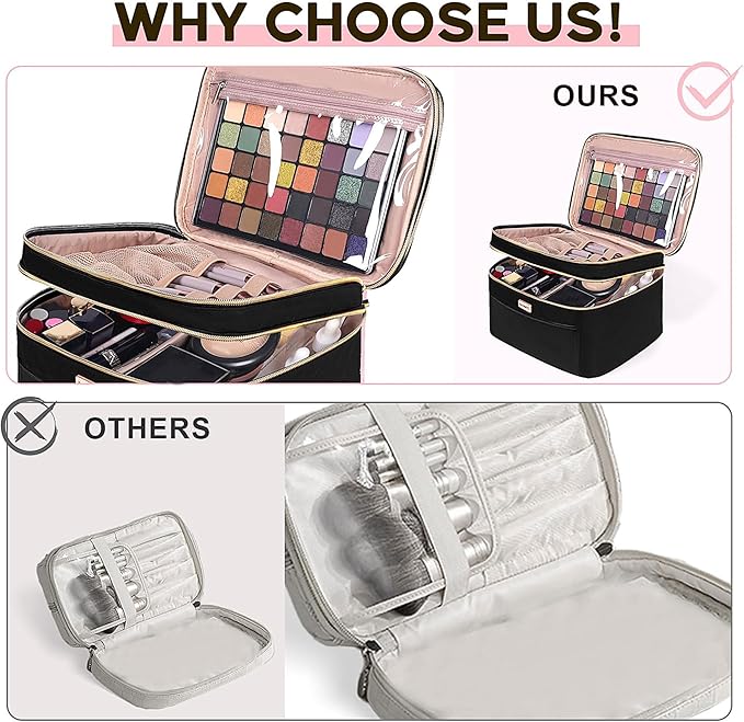 8.8L Double Layer Travel Makeup Bag Women, Large Cosmetic Case, Organizer for Travel-Size Accessories Bottles, Brushes, and Skin Care Products, Black 2.33 GAL