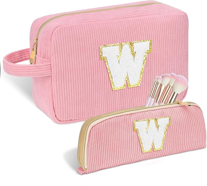 Personalized Initial Makeup Bag Trendy Stuff Corduroy Cosmetic Bag Travel Toiletry Bag for Women, Christmas/Thanksgiving/Halloween Gifts Makeup Organizer Case for Teen Girls Mom Girlfriend Wife - Pink