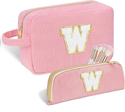 Personalized Initial Makeup Bag Trendy Stuff Corduroy Cosmetic Bag Travel Toiletry Bag for Women, Christmas/Thanksgiving/Halloween Gifts Makeup Organizer Case for Teen Girls Mom Girlfriend Wife - Pink