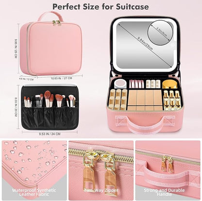 Travel Makeup Bag with Removable Mirror, Cosmetic Organizer Bag with Mirror, 360° Angle Stand, 3 Colors Dimmable Lighted Makeup Case, PU Leather Makeup Train Case with Adjustable Dividers/Brush Holder