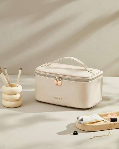 Prite Makeup Bag Portable Cosmetic Organizer with Brush Holder Waterproof Travel Toiletry Bag for Women with Handle and Divider (Beige)