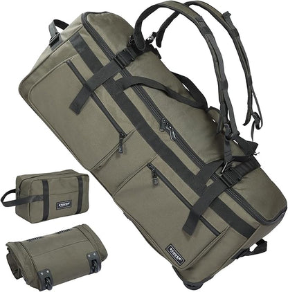 STOVER 100L U-Zip Rolling Duffel Bag with Wheels, X-Large Durable Travel Duffle + Toiletry Bag, Heavy Duty, Lay-Flat Opening, Packable w/Shoulder Straps- Use as Luggage or Backpack, Men/Women (Green)