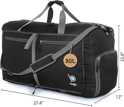 Bago Large Foldable Duffel Bags for Traveling Women & Men - 80L Packable Duffle Bag for Travel with Shoe Compartment - Water Repellant, Heavy Duty, Lightweight Folding & Collapsible (Black)