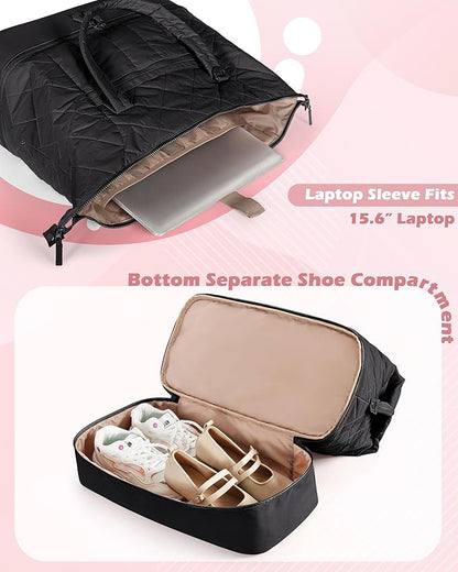 Quilted Duffle Bag with Shoe Compartment and Wet Pocket, Weekender Duffel Bag With Laptop Sleeve and a Separate Pouch for Travel, Gym, Hospital Labor Delivery, Black