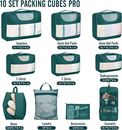 Veken 10 Set Packing Cubes for Travel Essential, Suitcase Organizer Bags in 4 Sizes, Carry-On Luggage Accessories with Large Laundry & Hanging Toiletry Bag, Must-Have for Airplane, Road Trip & Camping