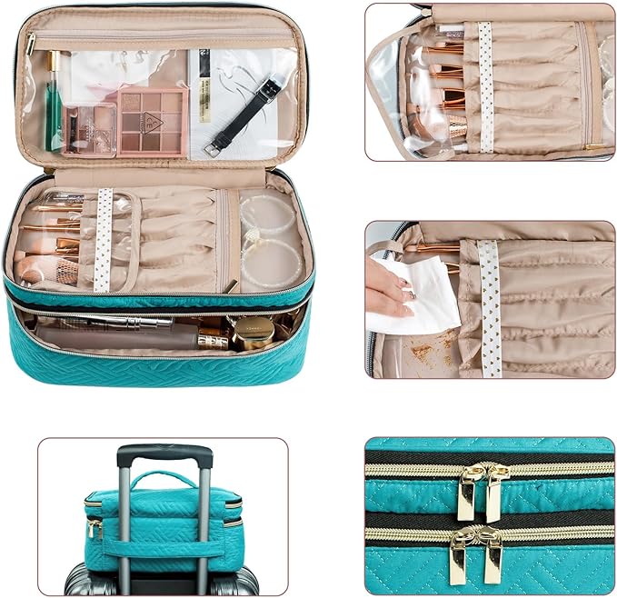 AMOIGEE Large Makeup Bag, Travel Makeup Bag Organizer, Double Layer Train Case Makeup Bag, Toiletry Bag for Makeup Brushes, Full Size Bottles, Palettes Sponge, Cosmetic Organizer