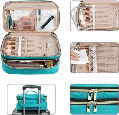 AMOIGEE Large Makeup Bag, Travel Makeup Bag Organizer, Double Layer Train Case Makeup Bag, Toiletry Bag for Makeup Brushes, Full Size Bottles, Palettes Sponge, Cosmetic Organizer