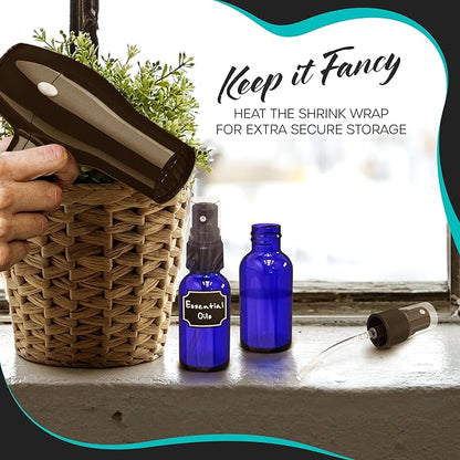 Nevlers 1 Oz Cobalt Blue Glass Spray Bottles Mist Sprayer 24 Pack | Small Spray Bottle Set w/ Shrink Wrap, Funnel, Brush, Marker, & Labels | Misting Bottle Sprayer for Home | Travel Spritzer Bottles