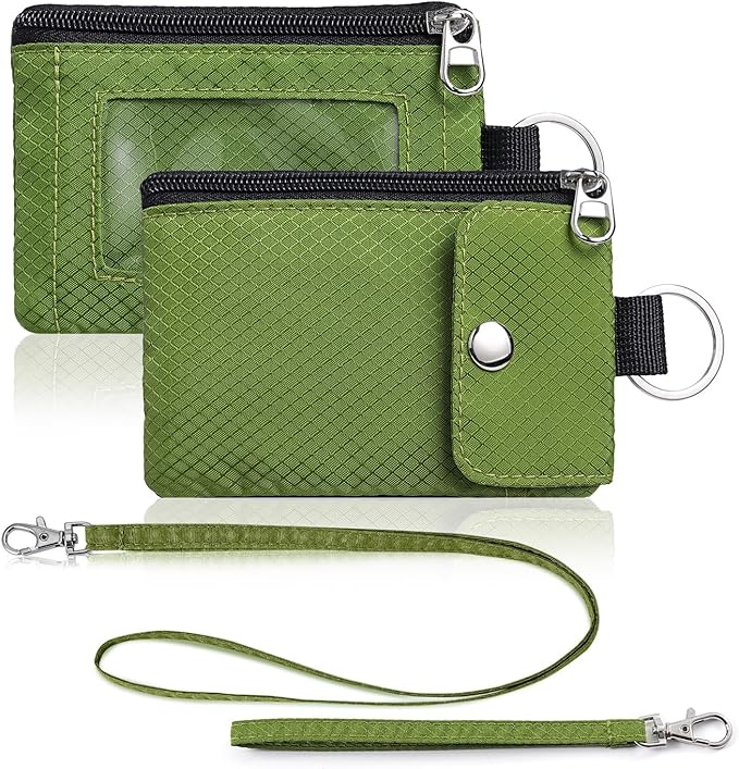 Minimalist Wallet For Mens Womens, Keychain RFID Blocking Zipper Small Wallet with ID Window 2 Lanyards,Water Resistant Travel Cash Card Coin Case Boys Girls