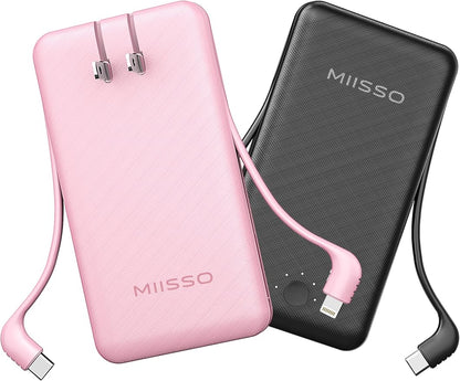 miisso Ultra Slim 10000mAh Power Bank Built-in Cables and Foldable AC Wall Plug, Pocket Size USB C Portable Charger, External Battery Pack Compatible with iPhone Samsung, 2 Pack Black & Pink