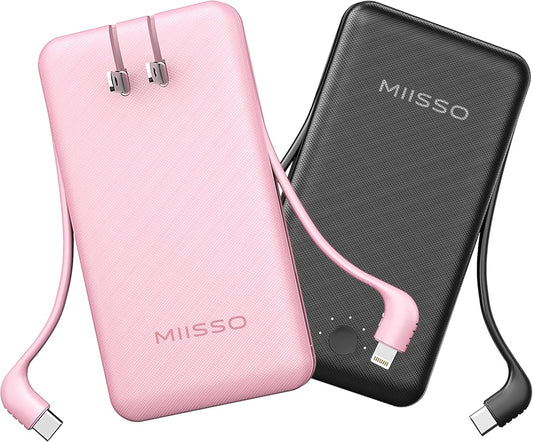 miisso Ultra Slim 10000mAh Power Bank Built-in Cables and Foldable AC Wall Plug, Pocket Size USB C Portable Charger, External Battery Pack Compatible with iPhone Samsung, 2 Pack Black & Pink
