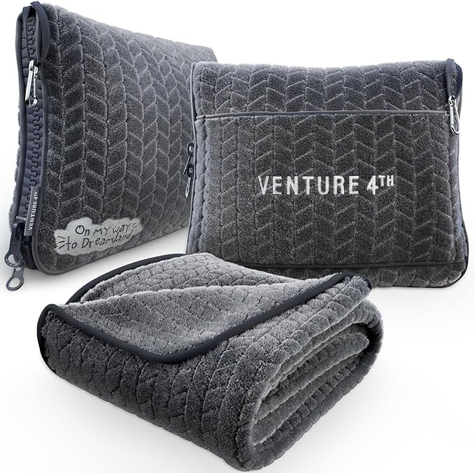 VENTURE 4TH Travel Blanket Pillow – Premium Ultra-Soft & Warm 2-in-1 Blanket or Pillow for Airplane, Car & Bus – Compact, Lightweight & Portable – Lint-Free, No Shedding, No Pilling - Gray