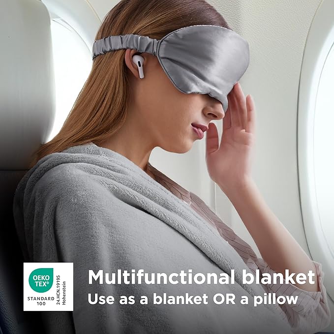 Bedsure Travel Blanket Airplane Compact with Storage Bag, Packable Blanket with Eye Mask, Lightweight 2-in-1 Travel Essentials, Functioned as Pillow for Airplane Comfort and Warmth, Grey