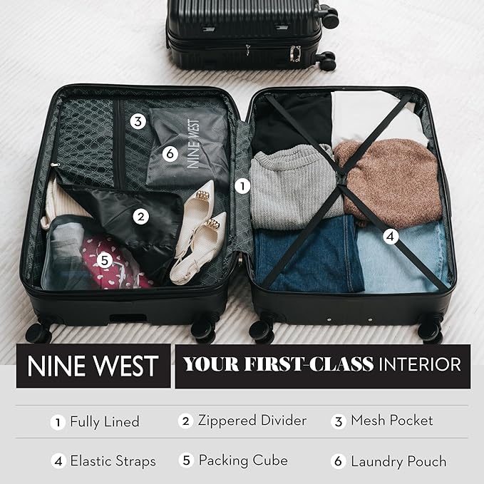 Nine West Suvi 2 Piece Luggage Set for Cruise & Extended Trips, 32" Large Expandable Suitcase & 20" Smart Carry On with USB Port, Hardshell Spinners Midnight Black