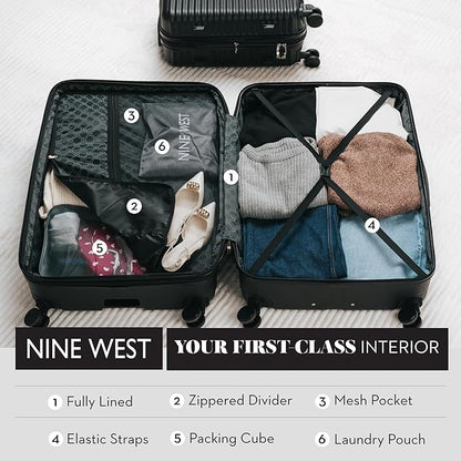 Nine West Suvi 2 Piece Luggage Set for Cruise & Extended Trips, 32" Large Expandable Suitcase & 20" Smart Carry On with USB Port, Hardshell Spinners Midnight Black