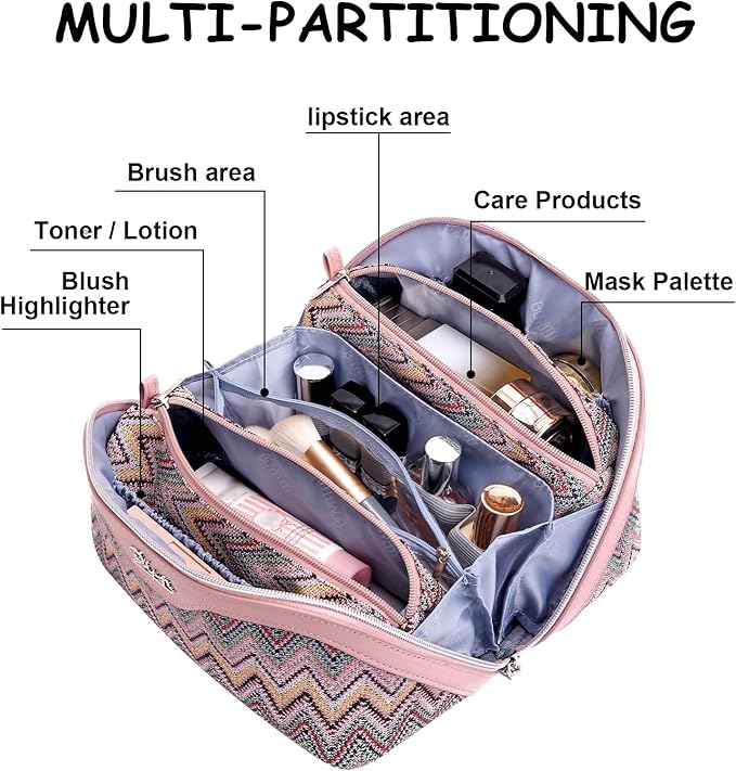 BOYATU Travel Makeup Bag for Women: Western Boho Make up Bag Set of 3 - Large Capacity Vegan Leather Cosmetic Bag - Waterproof Toiletry Bag with Compartments & Handle & Divider(J-1-Pink)