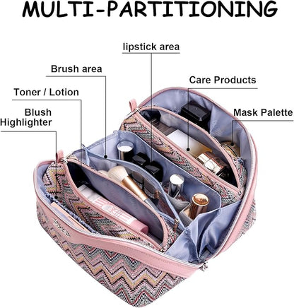 BOYATU Travel Makeup Bag for Women: Western Boho Make up Bag Set of 3 - Large Capacity Vegan Leather Cosmetic Bag - Waterproof Toiletry Bag with Compartments & Handle & Divider(J-1-Pink)