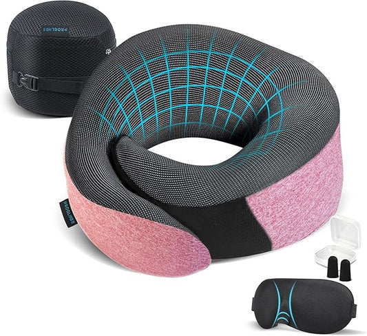 Proglobe Pink Airplane Travel Pillow Set, 100% Pure Memory Foam Neck Pillow, Updated Material, Long Flight Travel Kit with 3D Contoured Eye Masks, Earplugs, and Luxury Bag