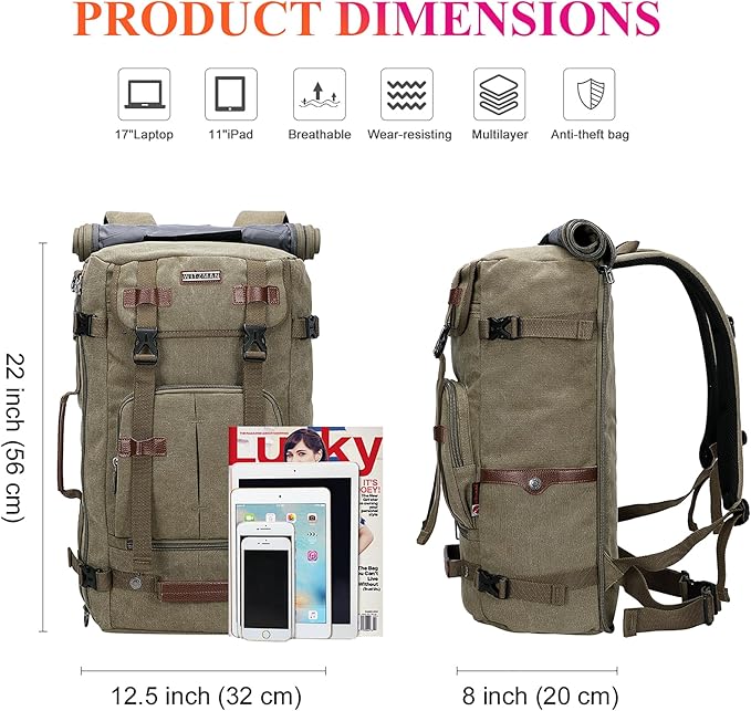 WITZMAN Canvas Backpack Vintage Travel Backpack Large Laptop Bags Convertible Shoulder Rucksack(A519-1 Classic Light Green)