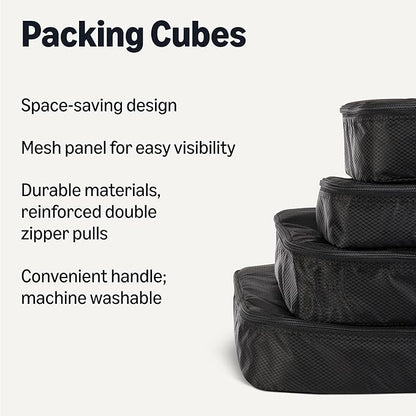 Amazon Essentials 4-Piece Packing Cubes Travel Accessories Set, Luggage Organizer with Double Zipper, Mesh Top, 100% Polyester, Small/Medium/Large/Slim, Black (Previously Amazon Basics)