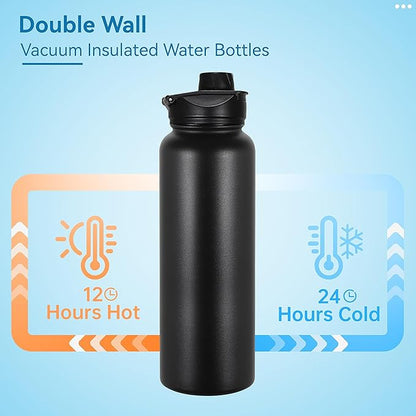 VEGOND 40 oz Insulated Water Bottle Stainless Steel Metal Water Bottles with Leak Proof Straw Lid & Spout Lid, Wide Mouth Double Walled Vacuum Travel Sports Bottle, Black