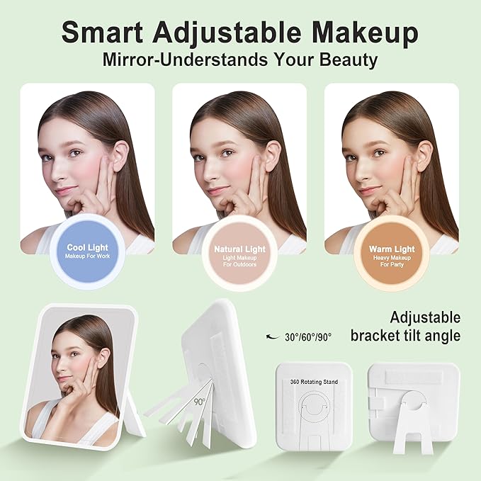 Travel Makeup Bag With 360° rotating LED Mirror,Waterproof cosmetic organizer,Portability Cosmetic case,Makeup organizer,Gift for Women,Girls Gift (Green+Yello)