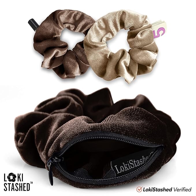 3-PACK Velvet Hair Tie Scrunchies for VSCO Girls & Women, THE ORIGINAL HIDDEN POCKET SCRUNCHIE with Zipper Pocket Storage, Accessories, Small Items, Keys, Money (Mocha Set)