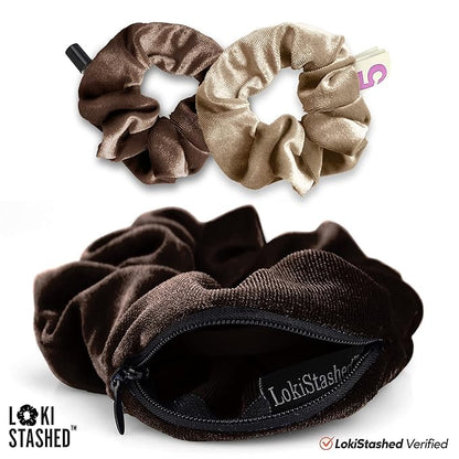 3-PACK Velvet Hair Tie Scrunchies for VSCO Girls & Women, THE ORIGINAL HIDDEN POCKET SCRUNCHIE with Zipper Pocket Storage, Accessories, Small Items, Keys, Money (Mocha Set)