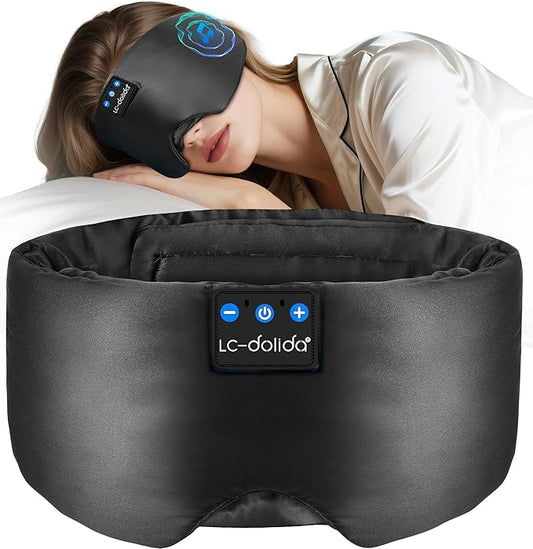 LC-dolida Luxurious Silk Soft Sleep Mask, Sleep Headphones with Bluetooth 5.4 for Side Sleeper, Total Blackout Eye Sleeping Mask for Women and Men, Ideal Gift for Restful Sleep, Travel(Black)
