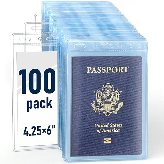 100 Pack Clear Plastic Passport Identification Card Holders, 4x6 Inch Vertical No Zipper Plastic Name Badge ID Card Holders