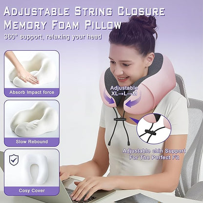 Neck Travel Pillow, Upgraded Memory Foam Pillow for Airplane, Machine Washable, Adjustable Flight Pillow, Suitable for Sleeping Airplane, Car, Office and Home (Pink)
