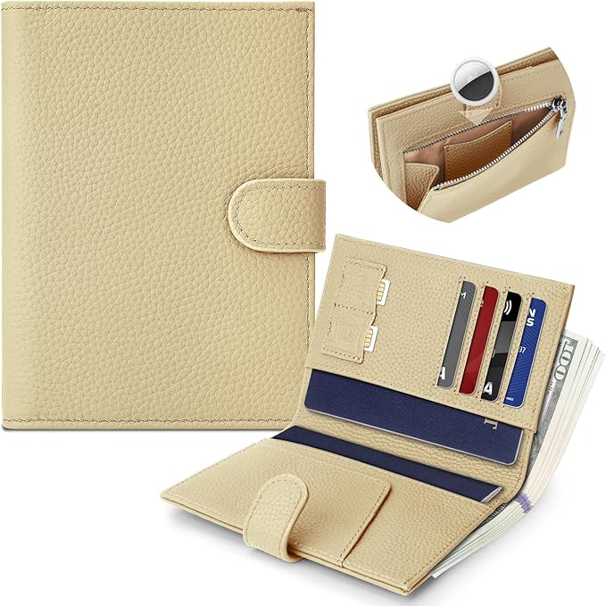 Genuine Leather Passport Holder for Women Men, Hidden Airtag Pocket, RFID Blocking, Zippered Coins Pocket & Cash Compartment Travel Gifts Essentials Passport Cover Case - Warm Grey