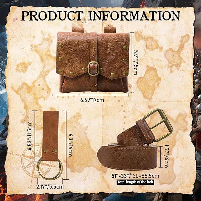 Renaissance Belt Pouch Viking Leather Medieval Belt Waist Bag Pirate Cosplay Festival Halloween Adjustable Accessories (Brown)