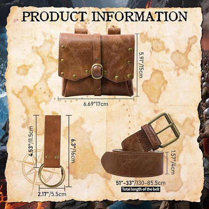 Renaissance Belt Pouch Viking Leather Medieval Belt Waist Bag Pirate Cosplay Festival Halloween Adjustable Accessories (Brown)