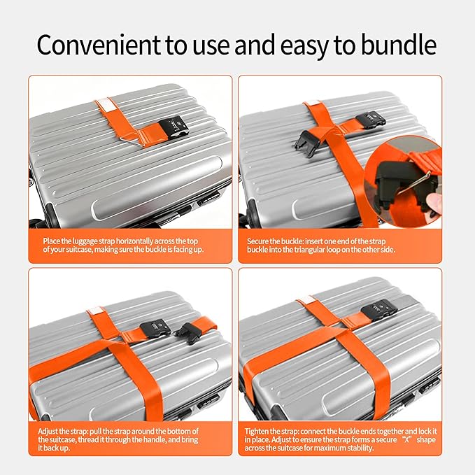 Luggage Straps, Orange TSA Approved Cross Luggage Strap Belt with Combination Lock for Suitcases, 1 Pack Adjustable Heavy Duty Cross Style Suitcase Straps with Name Tags for Travel, Carry On Bags