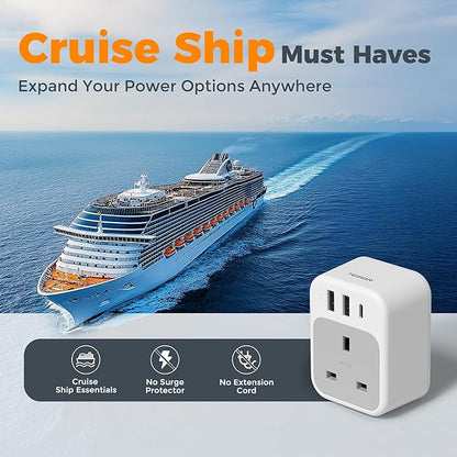 TESSAN UK to US Plug Adapter, UK Adapters for Travel with AC Outlet 3 USB (1 USB C), Type G Power Adapter Ireland London Scotland Kenya Dubai Singapore to Type B USA Travel Adaptor