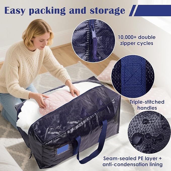 6 Pack Extra Large Heavy Duty Moving Bags with Reinforced Zipper & Wide Handles, Moisture-Resistant Storage Bins Packing Cubes for Clothes, College Dorm, Travel, and Home Organization, Dark Blue