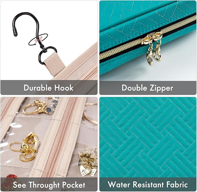 SFYBYHEART Travel Jewelry Organizer Case, Jewelry Travel Bags for Women, Large Capacity Travel Jewelry Case for Tangle-Free Earrings, Necklaces, Rings Storage, Travel Accessories,Teal