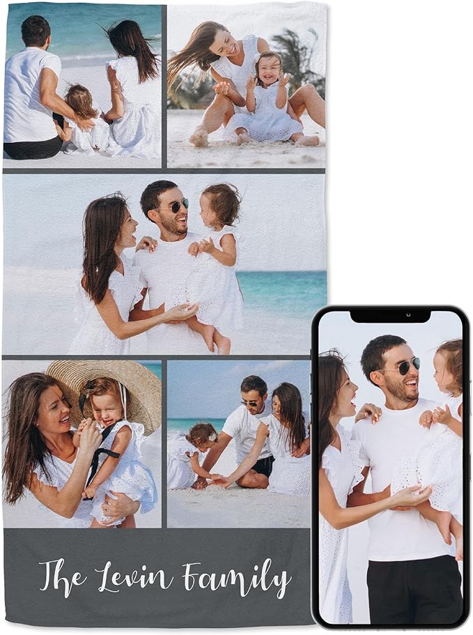 Winslow & Brody Ships Next Day - Personalized Beach Towel for Kids & Adults - Printed in USA - Custom Towels with Picture and Text - Quick Dry Pool Towels - Cotton/Poly Blend - 30" x 60" - 5 Photos